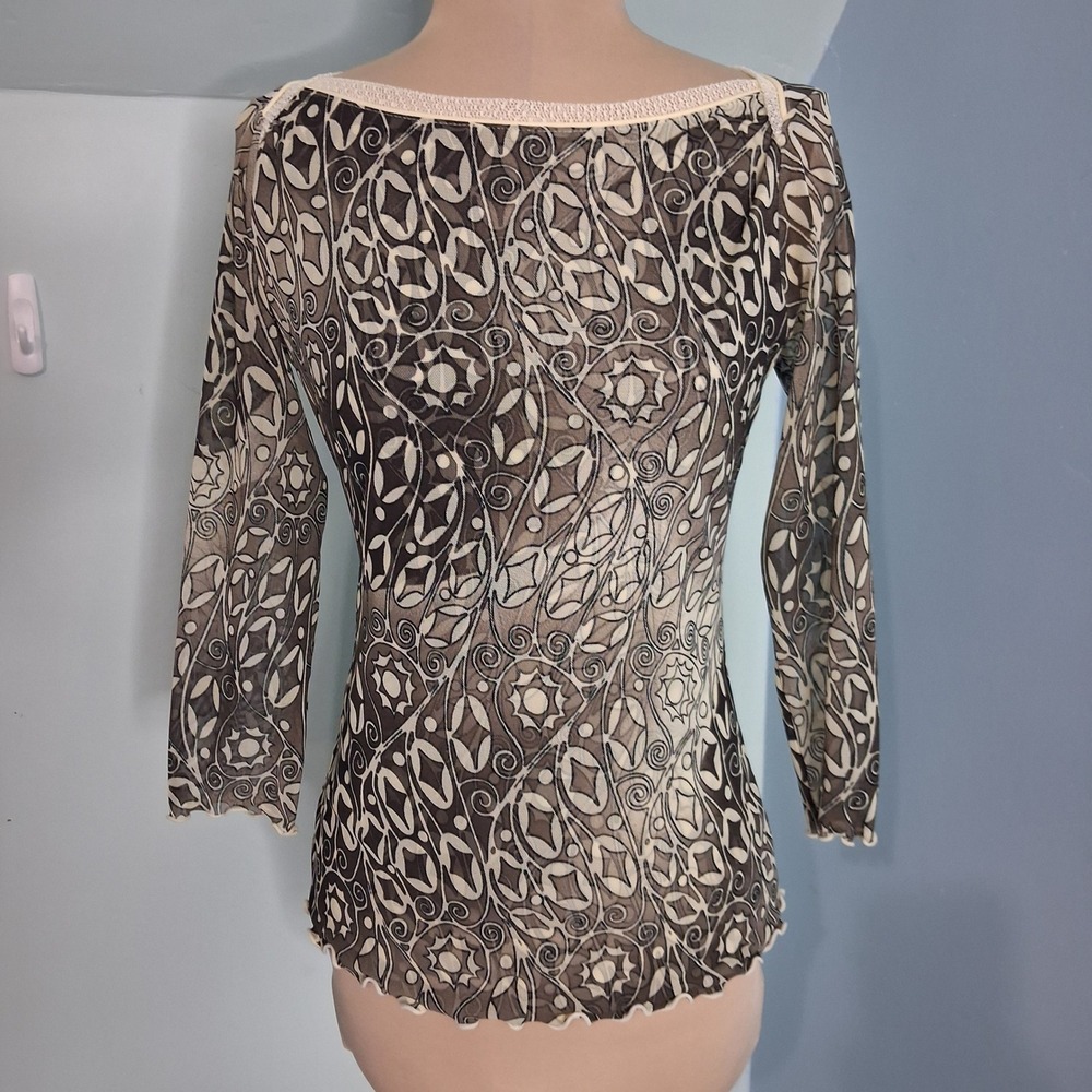ANAC Designed by Kimi Y2K Mesh Top Brown Geometric Swirl Print Lace Trim Size M